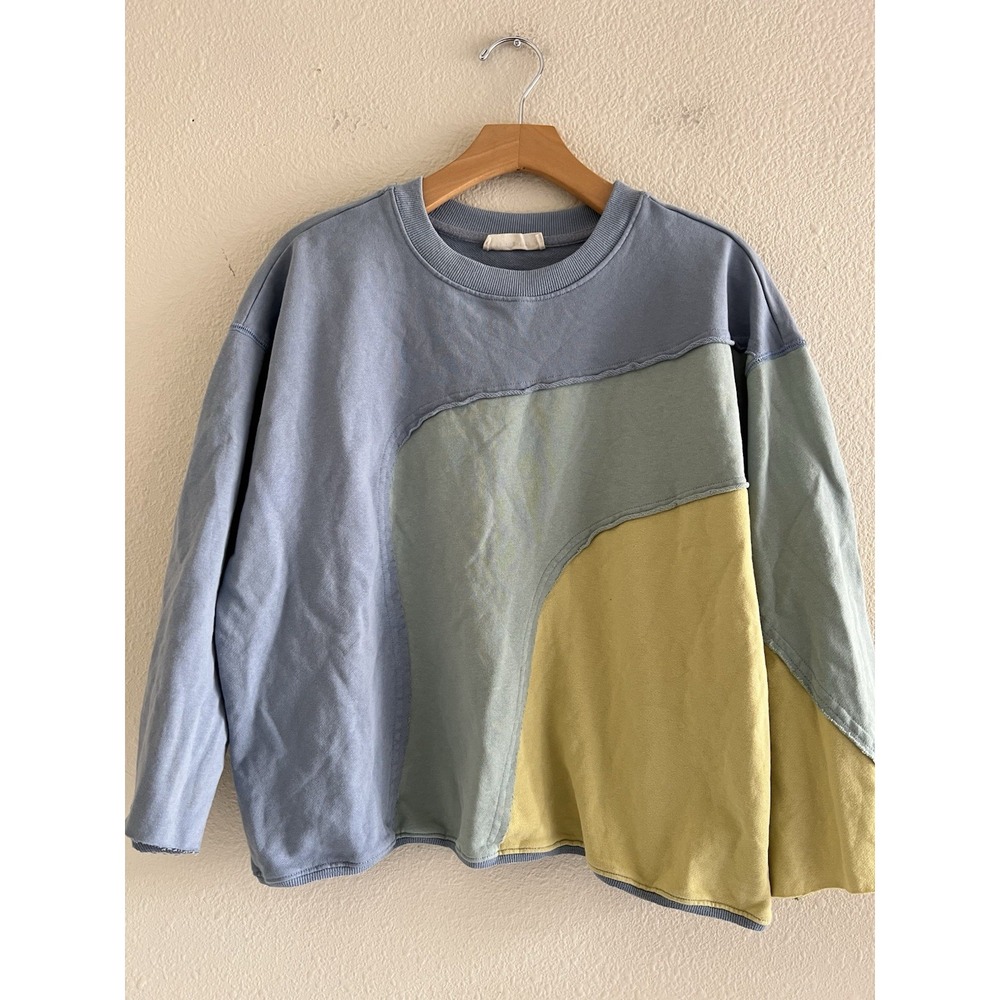 By Together Small Asymmetrical Color Block Raw Hem Cropped Sweatshirt Blue Green